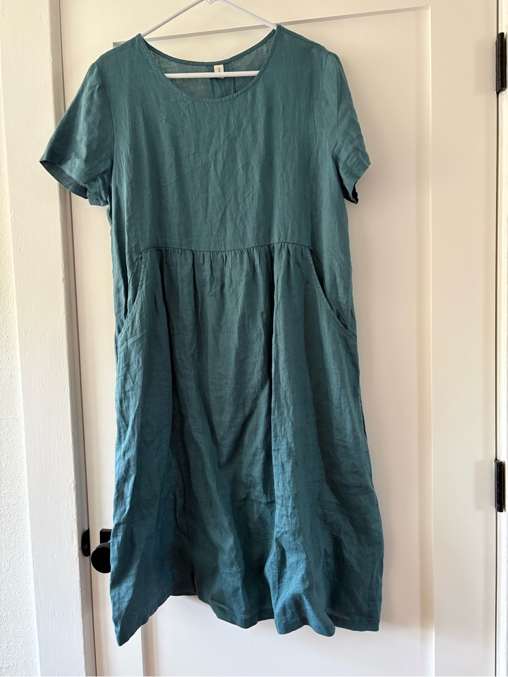 Linen Teal Short-Sleeve Gathered Dress